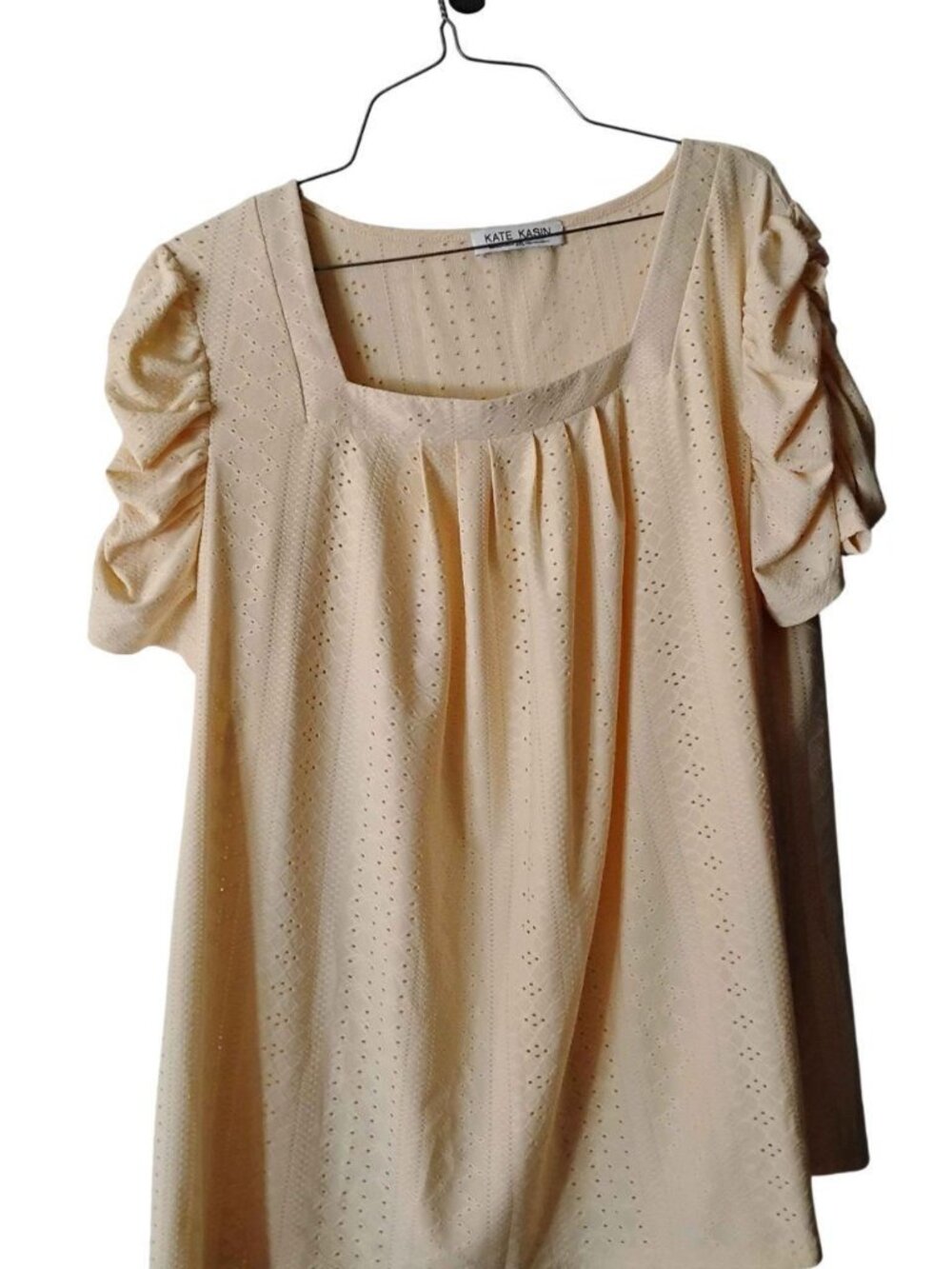 Kate Kasin Pastel Yellow Eyelet Ruffle Sleeve Blouse Plus Size
